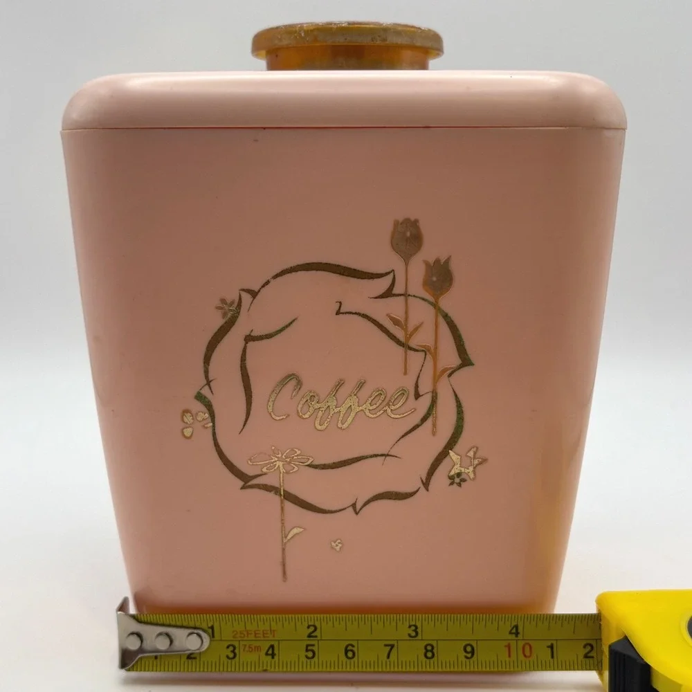 Vtg Pink Lustro Ware Coffee Canister MCM Plastic Gold Floral Retro Cottagecore